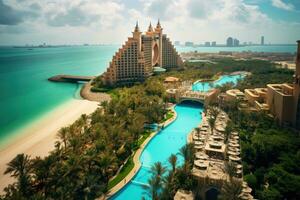 Luxus Hotel im Dubai Yachthafen, vereinigt arabisch Emirate, atlantis Hotel im Dubai, Vereinigte Arabische Emirate, Aussicht mit das Strand und Meer, ai generiert foto