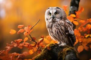 schön Eule Sitzung auf ein Baum Ast im das Herbst Wald. Herbst im Natur mit Eule. Ural Eule, strix Uralensis, Sitzung auf Baum Ast mit Orange Blätter im Eiche Wald, Norwegen, ai generiert foto