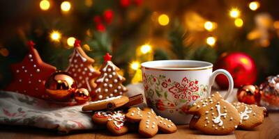 ai generiert. ai generativ. fröhlich Weihnachten Weihnachten Neu Jahr Lebkuchen Süss Kekse mit Schokolade Kakao Kaffee auf hölzern Tabelle Attrappe, Lehrmodell, Simulation Dekoration. Grafik Kunst foto