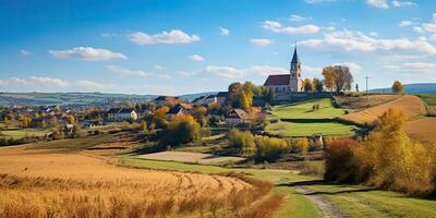 ai generiert. ai generativ. schön Natur draussen Landschaft mit Kirche auf ein Hügel Feld Wiese Hintergrund. Grafik Kunst foto