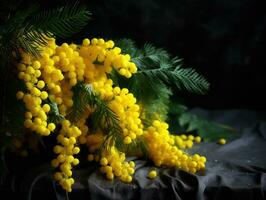 ein Strauß von Gelb Mimose Blumen steht im ein Glas Vase auf ein dunkel grau Hintergrund. Konzept von 8 Marsch, glücklich Damen Tag. Vertikale Orientierung. erstellt mit generativ ai Technologie. foto