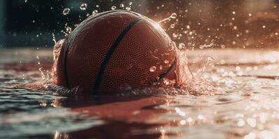 generativ ai, Basketball Ball auf das Gericht mit Wasser Spritzen und Sonnenlicht, Nahansicht Foto