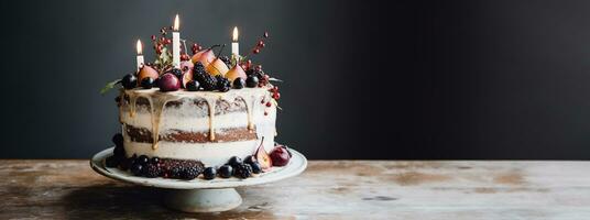 generativ ai, Geburtstag schön Kuchen mit Blumen und Kerzen, ästhetisch stumm geschaltet Farben foto