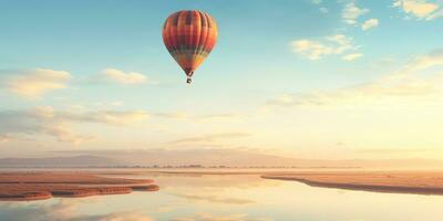 ai generiert. ai generativ. heiß Luft Ballon szenisch Aussicht beim Natur draussen schön Sand Berg Fluss Landschaft. Grafik Kunst foto