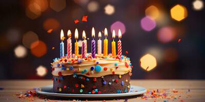 ai generiert. ai generativ. Geburtstag Party Kuchen Kuchen Hand gemacht gebacken Süss Wüste mit viele hell Kerzen. glücklich Spaß Stimmung. Grafik Kunst foto