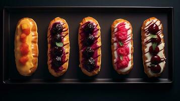 generativ ai, Sortiment von Eclairs, oben Sicht, Süss Lebensmittel. traditionell Französisch Dessert foto