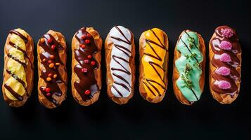 generativ ai, Sortiment von Eclairs, oben Sicht, Süss Lebensmittel. traditionell Französisch Dessert foto