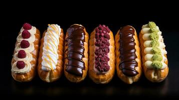 generativ ai, Sortiment von Eclairs, oben Sicht, Süss Lebensmittel. traditionell Französisch Dessert foto