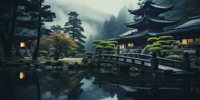 ai generiert. ai generativ. traditionell Geschichte asiatisch japanisch Chinesisch Tempel Gebäude Turm Garten Natur draussen Hintergrund. Grafik Kunst foto