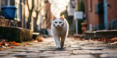 ai generiert. ai generativ. einer einsam Katze Haustier Gehen Straße Stadt städtisch Hintergrund. Grafik Kunst foto