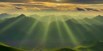 ai generiert. ai generativ. Sonne Licht Strahlen von das könnte auf Grün Berge. draussen Natur Abenteuer Landschaft Hintergrund. Grafik Kunst foto