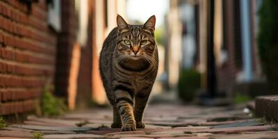 ai generiert. ai generativ. einer einsam Katze Haustier Gehen Straße Stadt städtisch Hintergrund. Grafik Kunst foto