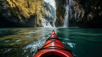 generativ ai, Kajak Floß Fluss Wasserfall, extrem Sport Konzept, Wildwasser Kajak fahren foto