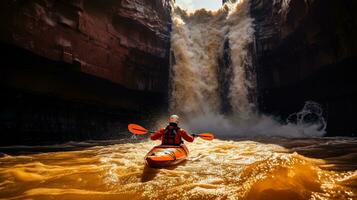 generativ ai, Kajak Floß Fluss Wasserfall, extrem Sport Konzept, Wildwasser Kajak fahren foto