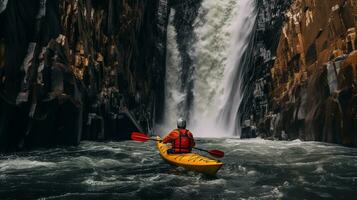 generativ ai, Kajak Floß Fluss Wasserfall, extrem Sport Konzept, Wildwasser Kajak fahren foto