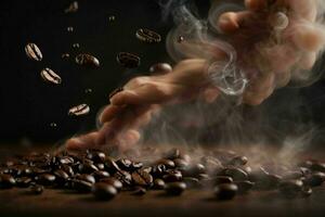 fliegend Kaffee Bohnen im Rauch. Profi Foto