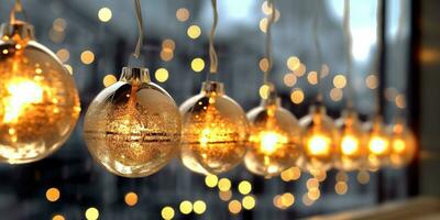 ai generiert. ai generativ. fröhlich Weihnachten Neu Jahr Weihnachten Urlaub Feier Licht Bälle Dekoration glühend Girlande Hintergrund. Grafik Kunst foto