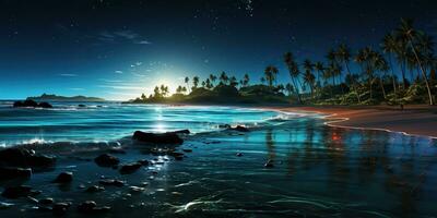 ai generiert. ai generativ. Nacht glühend Licht scheinen Plankton Meer Ozean Hintergrund. Marine nautisch Ferien Insel. Grafik Kunst foto