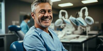 ai generiert. ai generativ. Erwachsene männlich Mann Arzt Zahnarzt Gesicht Porträt beim Arbeit Ort. Gesundheit Pflege Krankenhaus Center. Grafik Kunst foto
