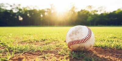 ai generiert. ai generativ. Jahrgang retro amerikanisch traditionell Spiel Sport Aktivität Baseball Ball auf Feld Gras Base Hintergrund. Grafik Kunst foto