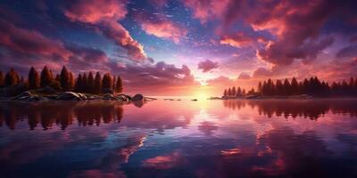 ai generiert. ai generativ. lila Rosa Farbe Sonnenuntergang Abend Natur draussen See mit Berge Landschaft Hintergrund. Grafik Kunst foto