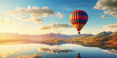 ai generiert. ai generativ. heiß Luft Ballon szenisch Aussicht beim Natur draussen schön Sand Berg Fluss Landschaft. Grafik Kunst foto