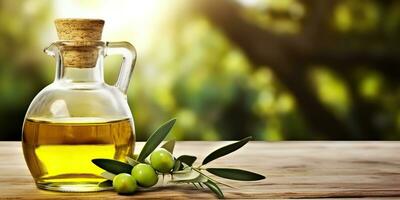 ai generiert. ai generativ. Olive Öl auf hölzern Hintergrund Tabelle Natur draussen spotten oben Dekoration. Grafik Kunst foto