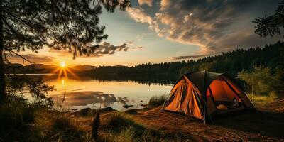 ai generiert. ai generativ. Camping Entspannung Zeit Zelt beim See schön Landschaft Hintergrund. Abenteuer Ferien Rafting Zeit. Grafik Kunst foto