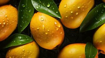 generativ ai, Nahansicht frisch Mango Obst Hintergrund. tropisch exotisch Nahansicht Foto mit Wasser Tropfen.
