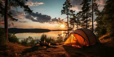 ai generiert. ai generativ. Camping Entspannung Zeit Zelt beim See schön Landschaft Hintergrund. Abenteuer Ferien Rafting Zeit. Grafik Kunst foto