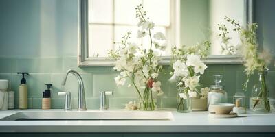 ai generiert. ai generativ. Weiß modern minimal Weiß Luxus sinken Badezimmer Küche mit Spiegel und Pflanze Blume. Grafik Kunst foto