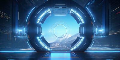 ai generiert. ai generativ. futuristisch Raum Schiff Galaxis Außerirdischer Tür Tor Eingang sci fi Konzept Neon- Innen- die Architektur. Grafik Kunst foto