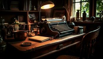 alt gestaltet Schreibmaschine auf Antiquität hölzern Tisch, drinnen, Nostalgie füllt generiert durch ai foto