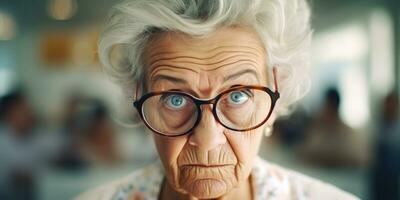 ai generiert. ai generativ. alt Frau Lehrer im Brille suchen beim Kamera mit verrückt Spaß Porträt Gesicht. Grafik Kunst foto