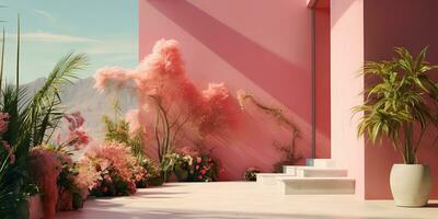 ai generiert. ai generativ. Rosa Mauer botanisch Blumen Pflanze die Architektur. Luxus gemütlich minimal Stimmung Hintergrund. Grafik Kunst foto