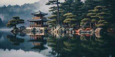 ai generiert. ai generativ. traditionell Geschichte asiatisch japanisch Chinesisch Tempel Gebäude Turm Garten Natur draussen Hintergrund. Grafik Kunst foto