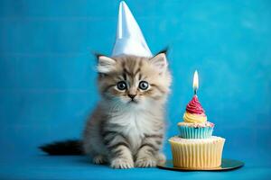 süß Kätzchen mit Geburtstag Cupcake auf Blau Hintergrund, schließen hoch, süß Kätzchen mit Geburtstag Hut und Cupcake auf Blau Hintergrund, ai generiert foto