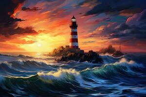 Leuchtturm auf das Meer beim Sonnenuntergang. Digital malen. Vektor Illustration, Digital Gemälde von ein Leuchtturm im das Mitte von das Ozean beim Sonnenuntergang, ai generiert foto