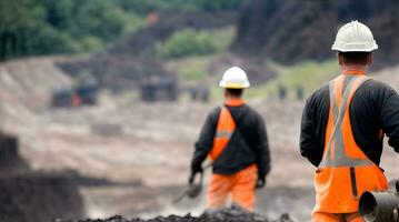 Arbeiter industriell Steinbruch öffnen Mine. im Hintergrund verschwommen Wird geladen foto