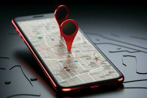 Karte Orientierungshilfe auf 3d Smartphone machen mit prominent rot Zeiger ai generiert foto