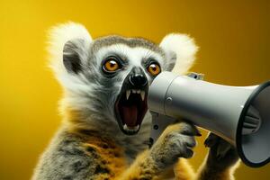 lustig Lemur ausübt Gelb Lautsprecher, schreiend im kreativ Marketing Scheinwerfer ai generiert foto