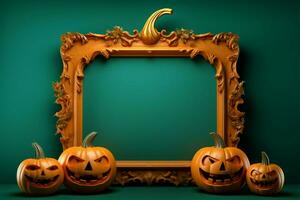 körnig Halloween Kürbis Vorlage mit Rahmen, mit beide lächelt und erschreckt ai generiert foto