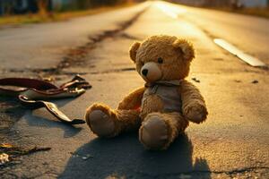 verlassen auf das Straße, ein hat verloren Teddy Bär entlockt Emotionen ai generiert foto