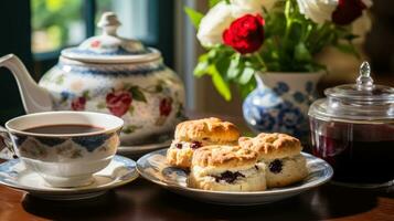 urig Frühstück Rahmen mit hausgemacht Scones geronnen Sahne Marmelade auf Jahrgang China foto