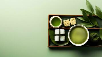 frisch gebraut Matcha Latté und japanisch Frühstück Bento Hintergrund mit leeren Raum zum Text foto