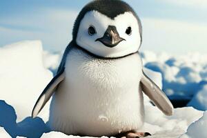 Pinguin mit ausdrucksvoll Augen ruht auf eisig Terrain, ein charmant Sicht ai generiert foto