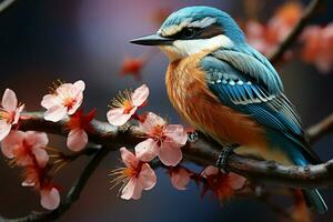 beschwingt Vogel Besucher Gnaden ein blühen Ast mit Blau und Orange ai generiert foto