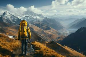 Forscher, Gelb Rucksack im Abschleppen, wandert malerisch Berg Landschaften ai generiert foto