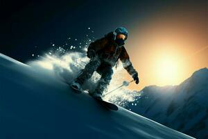 Winter Ferien Skifahren, Rodeln, und entkommen das Städte Geschäftigkeit zum Natur ai generiert foto