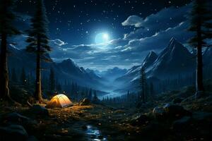 Abend Gelassenheit ein Blau Zelt leuchtet unter ein sternenklar Wald Himmel ai generiert foto